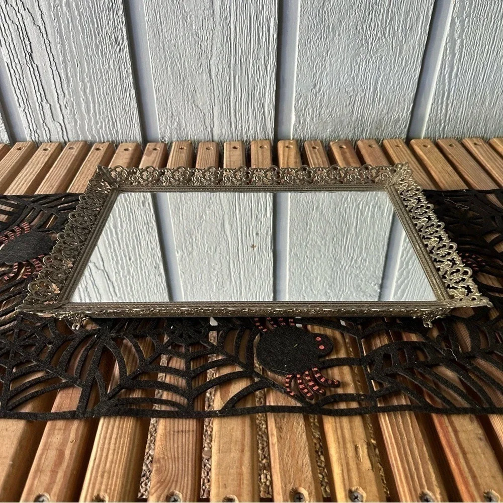 Vintage‎ Glass Vanity Mirror Tray Large Hollywood Regency Brass Mid Century MCM